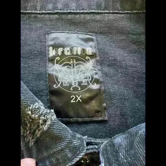 Trendy Krome designer Distressed Denim Jacket with Red Plaid Accents - Picture 2 of 7